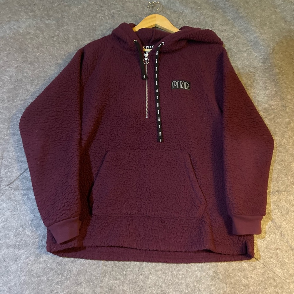 PINK Sherpa Fleece Half Zip Hoodie XL Burgundy Teddy Plush Pullover